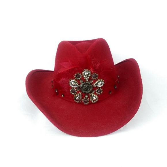 christy creations Accessories - Boho Red Cowboy Feathered Hat Charity Creation